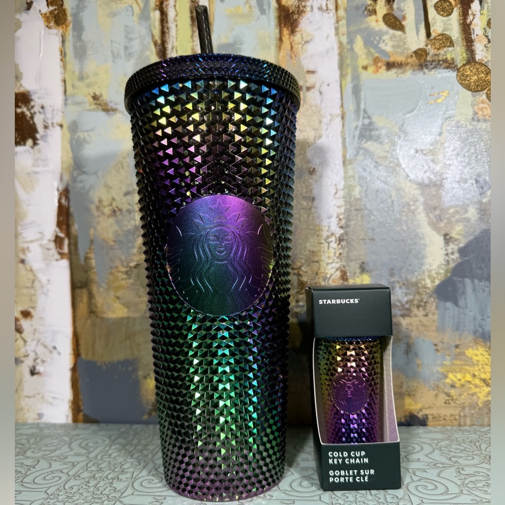 NWT Starbucks Oil Slick PVD Venti Studded Tumbler and Matching Keychain Bundle